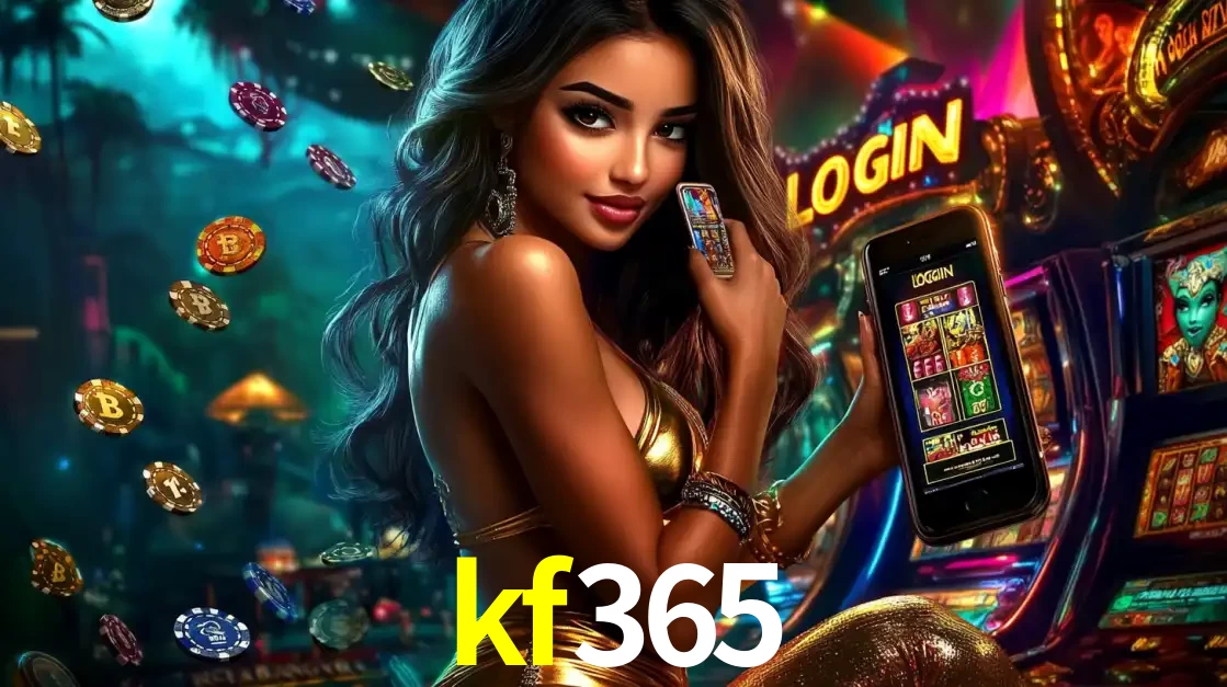 Mulher em um cenário de cassino temático de aventura, mostrando o app de caça-níqueis da kf365 no celular. Fichas de apostas flutuam ao redor.