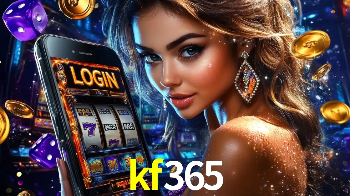 Mulher glamorosa segurando um smartphone com a tela de login para os jogos de caça-níqueis do cassino online kf365, com moedas de ouro e dados ao redor.